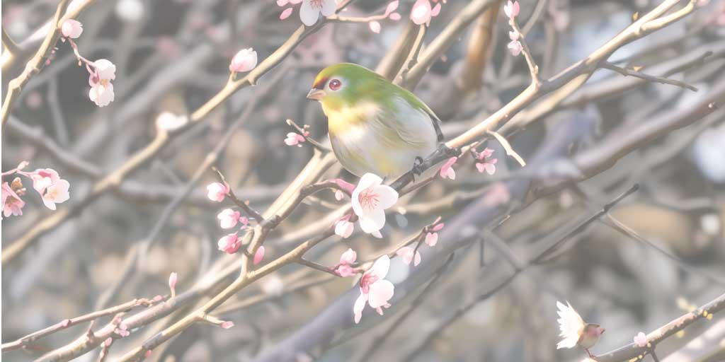二十四節気の一つ、『立春』を迎えたうぐいすと梅の花を表現したAIイラストです。